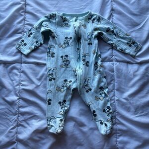 Disney Baby Mickey Mouse Light Blue Cotton Coverall One-Piece Zip 0-3 Months